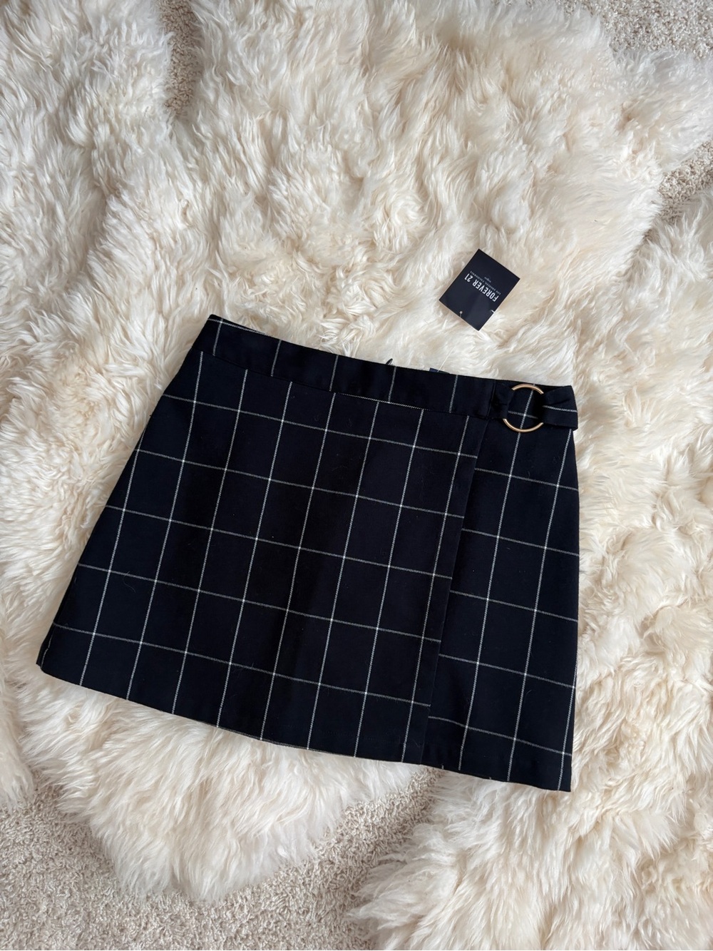 NWT Forever 21 Navy Blue Windowpane Wrap Mini Skirt with Gold Ring Detail Medium